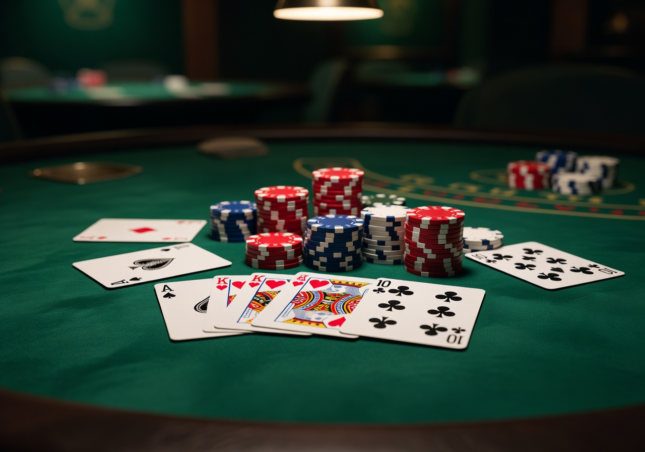 Blackjack cards and chips on green felt